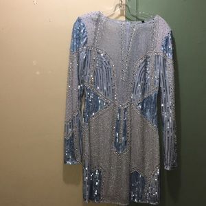 Sheer Plunge Shoulder Pad Embellished Dress